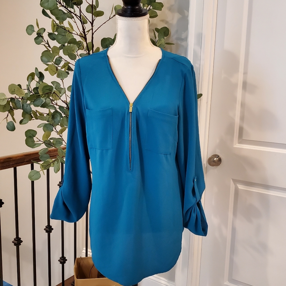 New Directions Teal Blouse with Zipper Accent